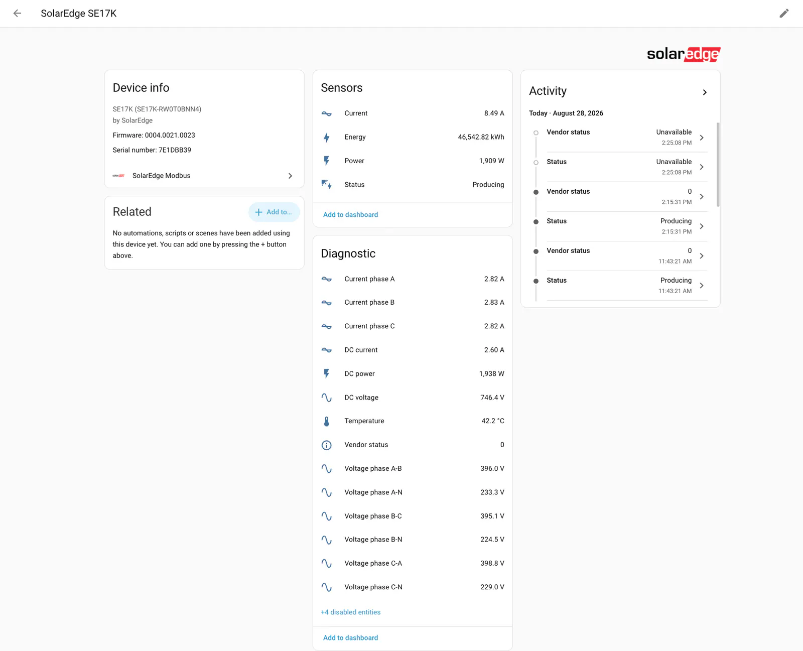 Screenshot supplied with the new SolarEdge Modbus integration