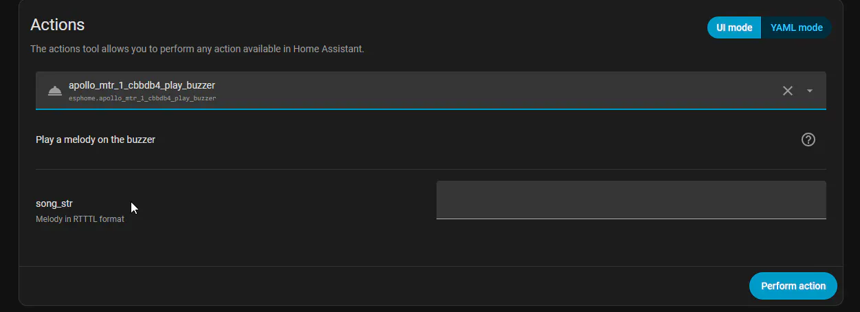 Home Assistant Developer Tools action form after ESPHome metadata