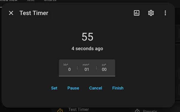 Home Assistant timer dialog with Set, Pause, Cancel and Finish controls.