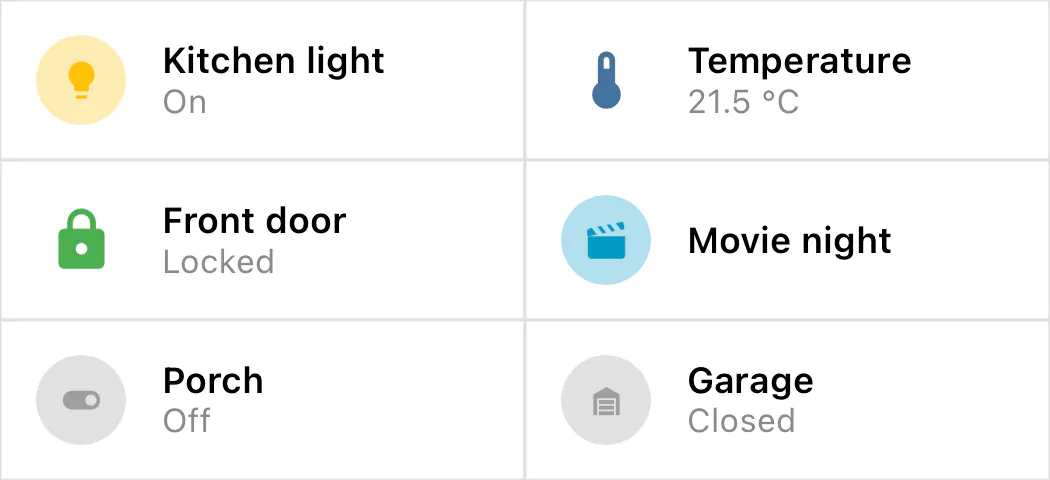 Home Assistant Entities widget showing several entity tiles on iOS