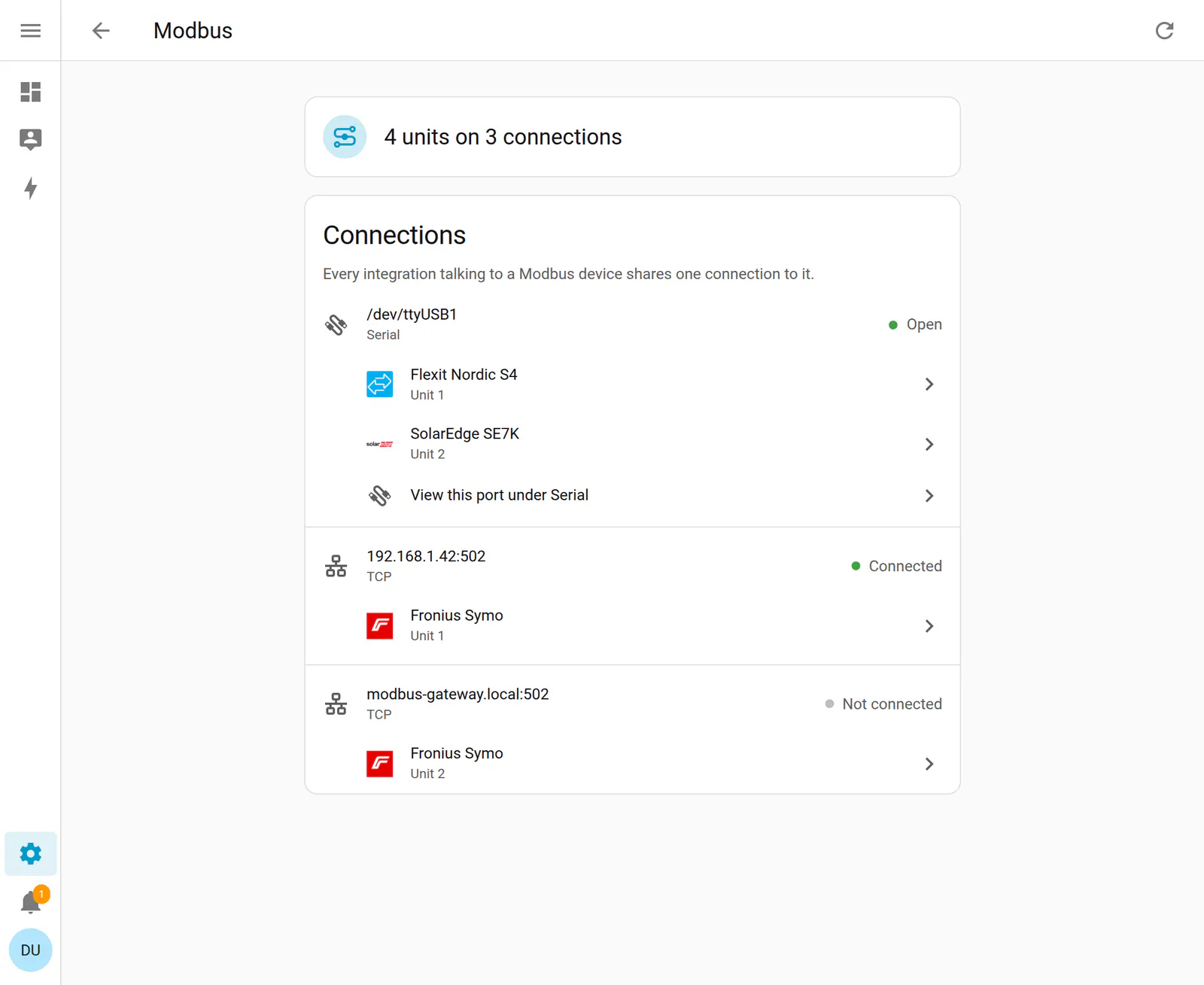 Home Assistant’s Modbus panel groups four units across three connections, with serial and network endpoints and their integrations.