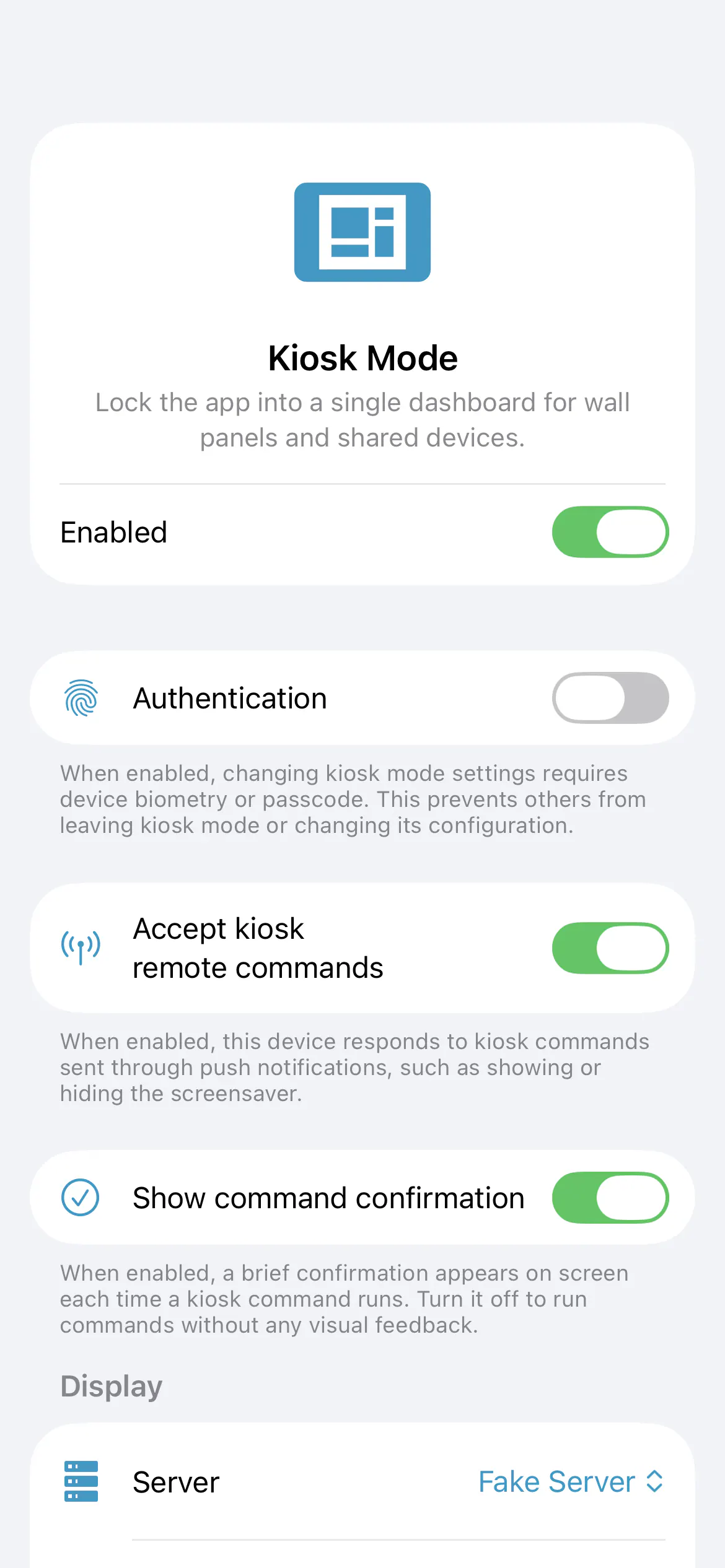 Home Assistant kiosk settings with the command confirmation option