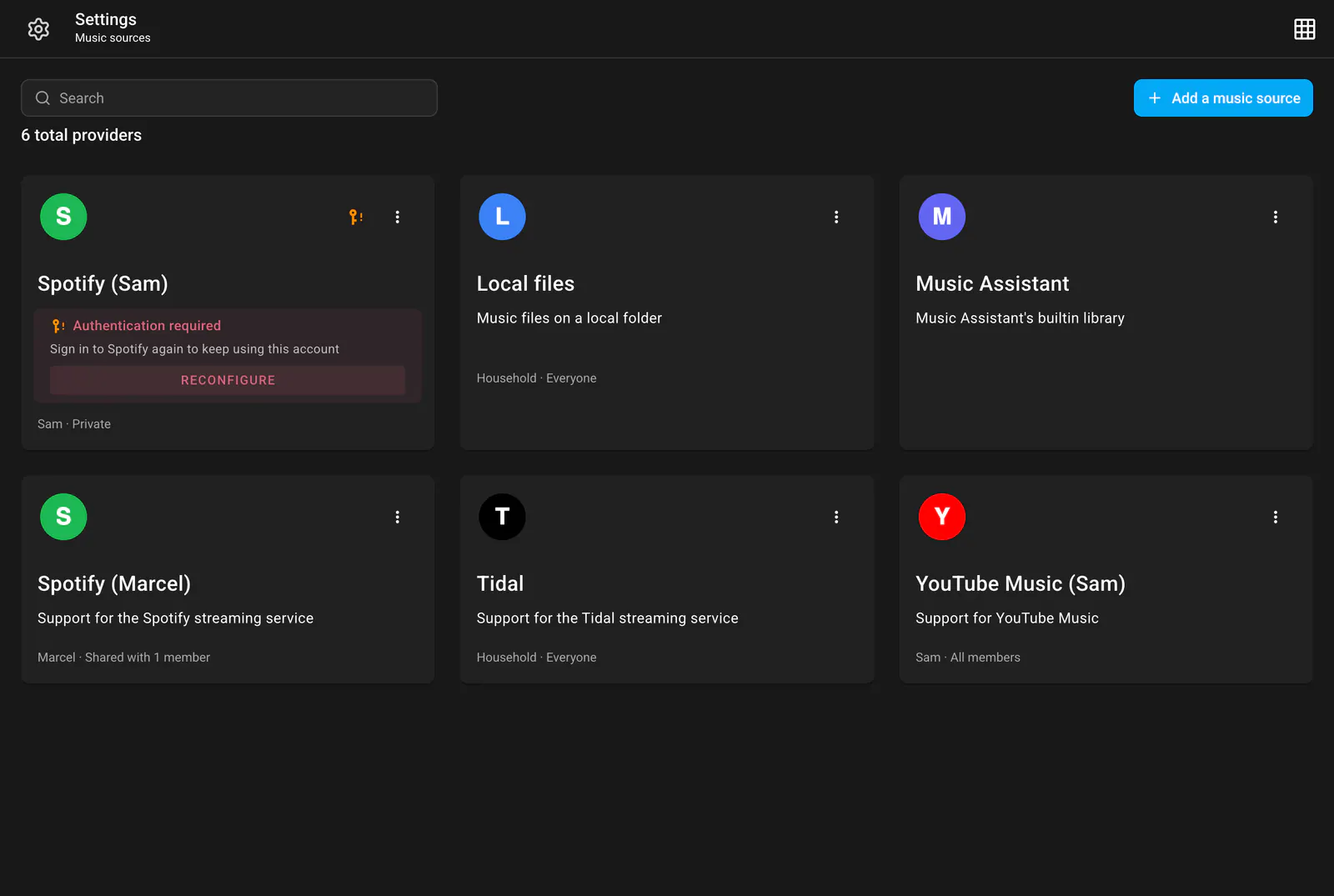 Music Assistant music source cards showing ownership and sharing settings