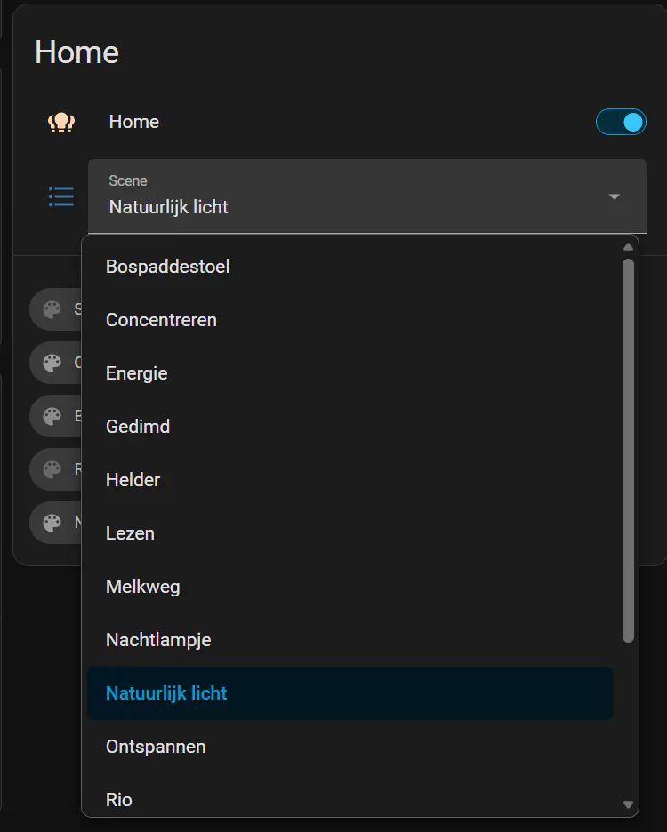 A Hue room scene selector in Home Assistant.