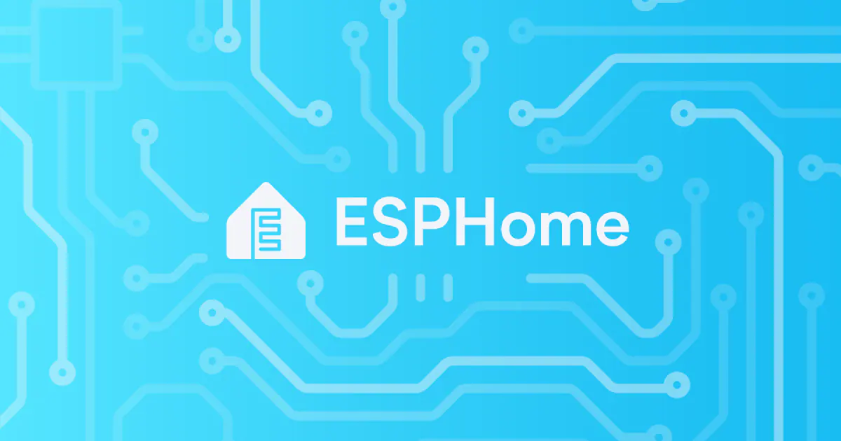 White ESPHome logo on a blue circuit pattern