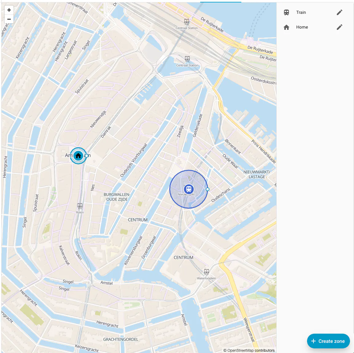 Home Assistant map of Amsterdam with redesigned Home and Train zone markers and a list of zones.