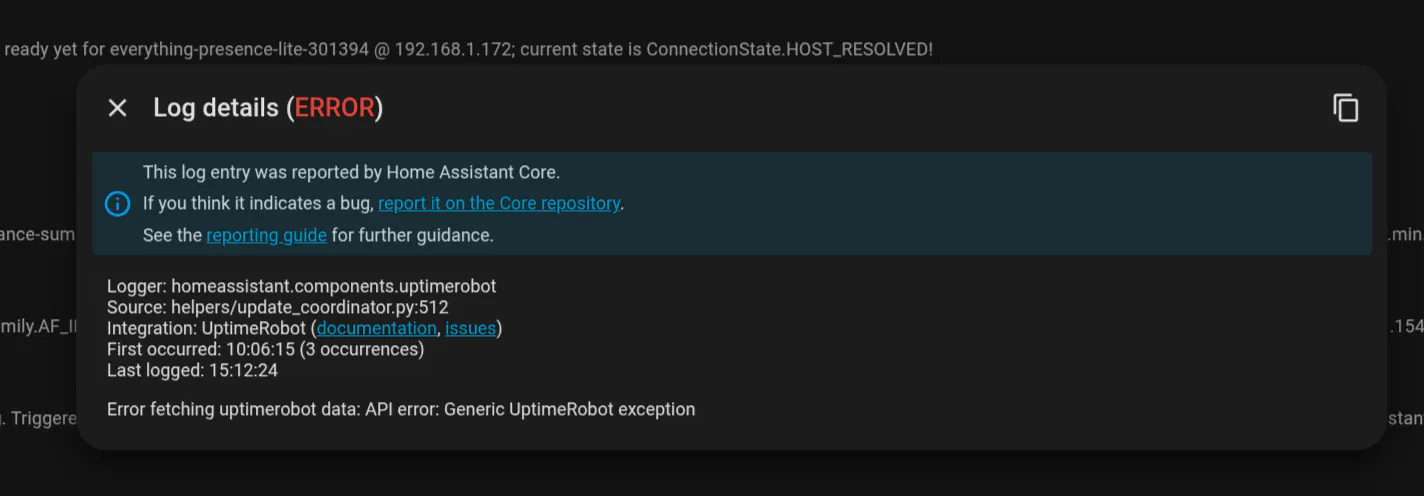Home Assistant log details with links for reporting a Core issue.