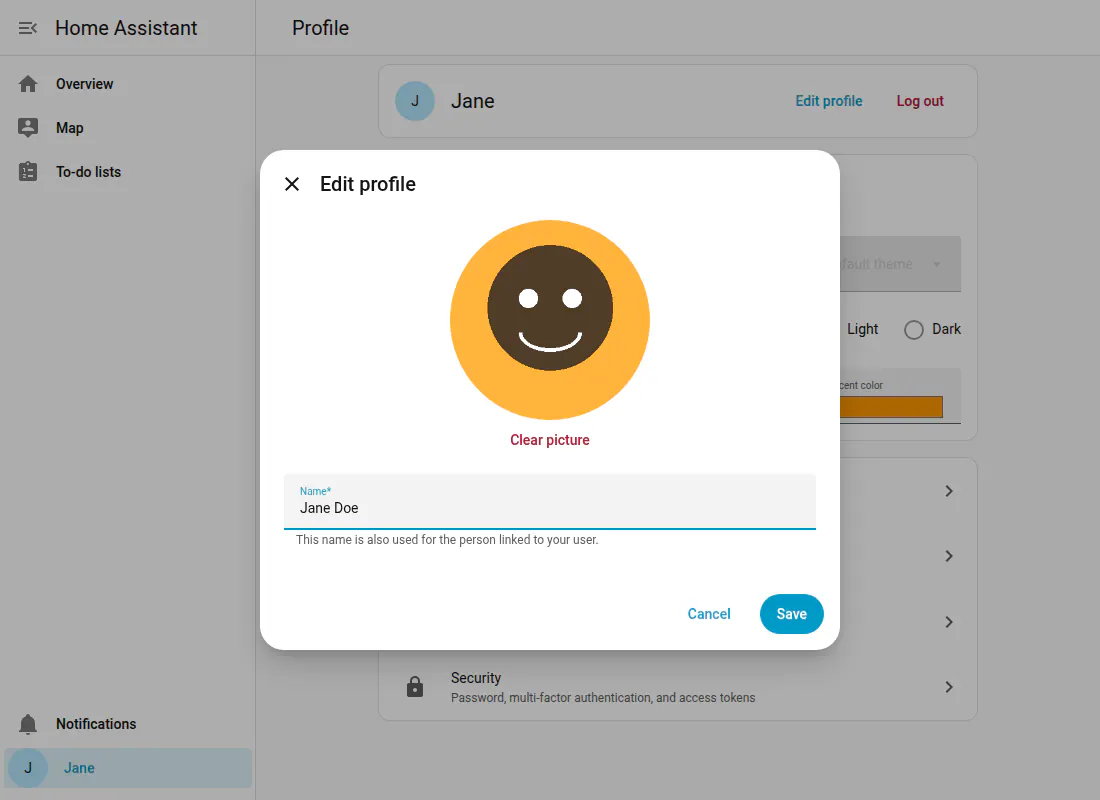 Home Assistant Edit profile dialog with a profile picture and name field