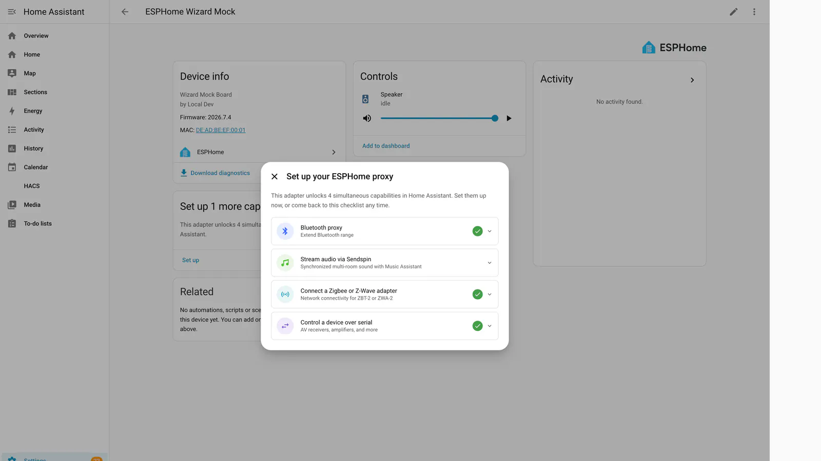 Example ESPHome device checklist showing music, Bluetooth and other advertised capabilities