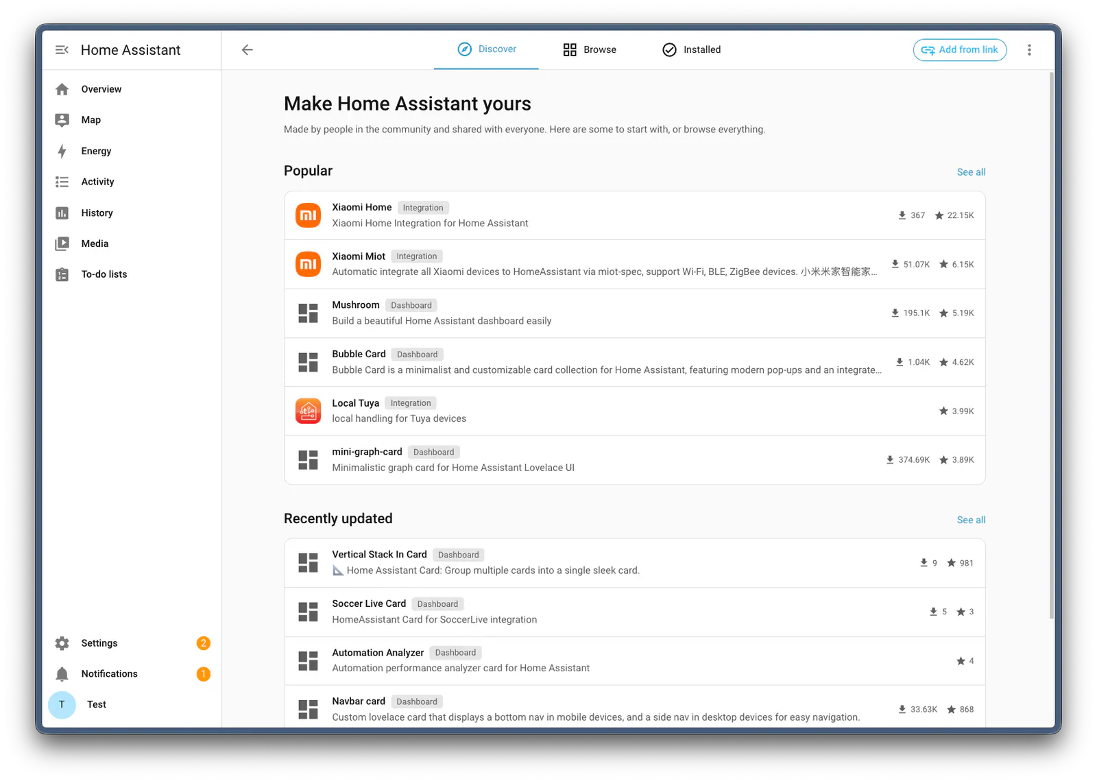 Home Assistant Marketplace Discover page showing popular and recently updated community integrations and dashboard extensions.