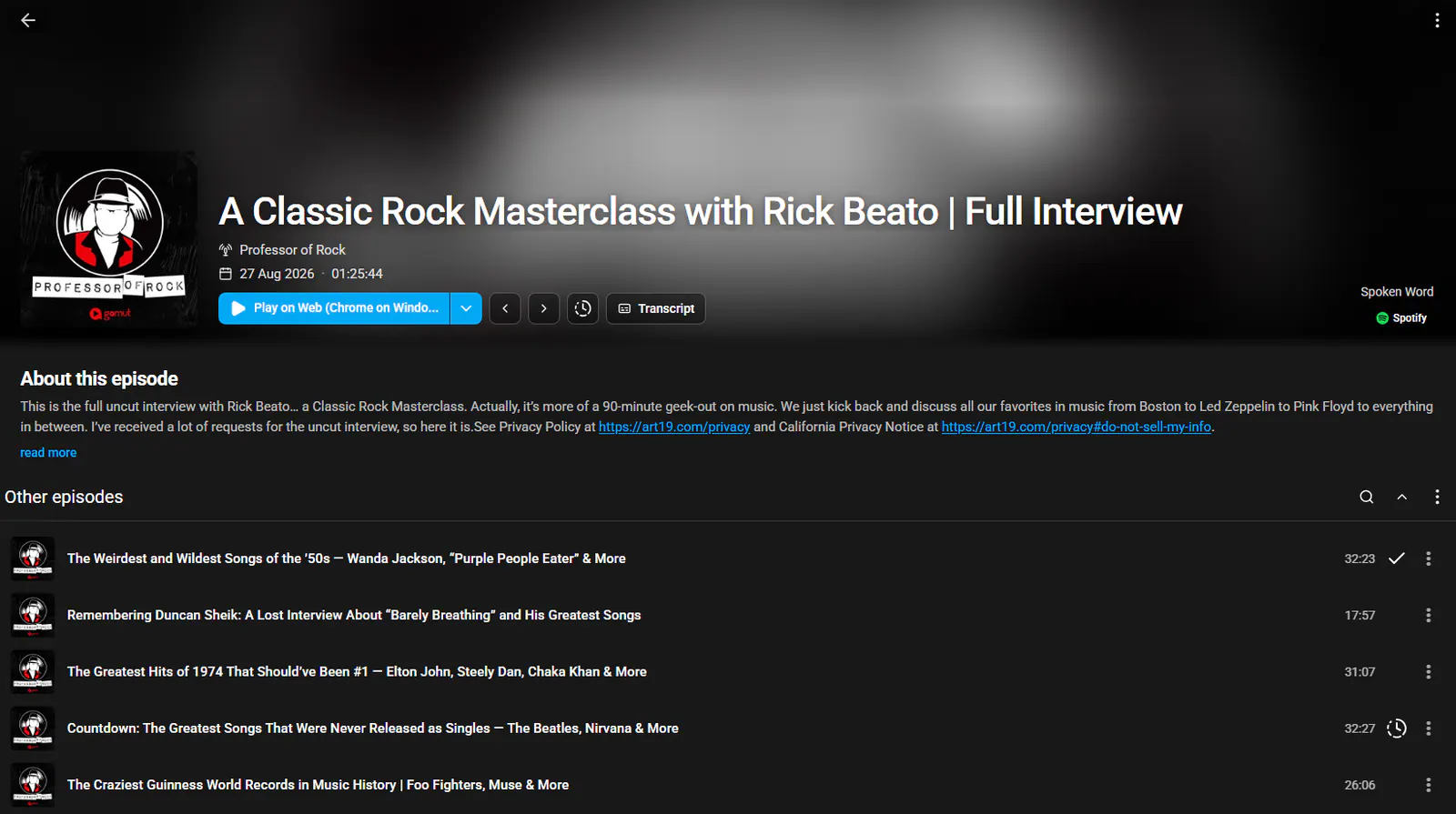 Music Assistant podcast episode page with artwork, a transcript button, the episode description and a list of other episodes.