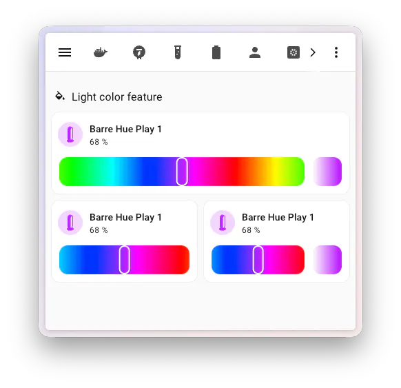 Home Assistant tile cards with sliding light-colour and saturation controls