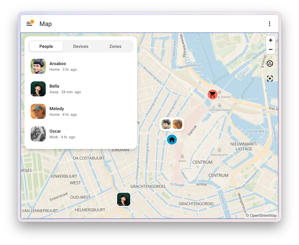 Home Assistant map with redesigned people and zone markers
