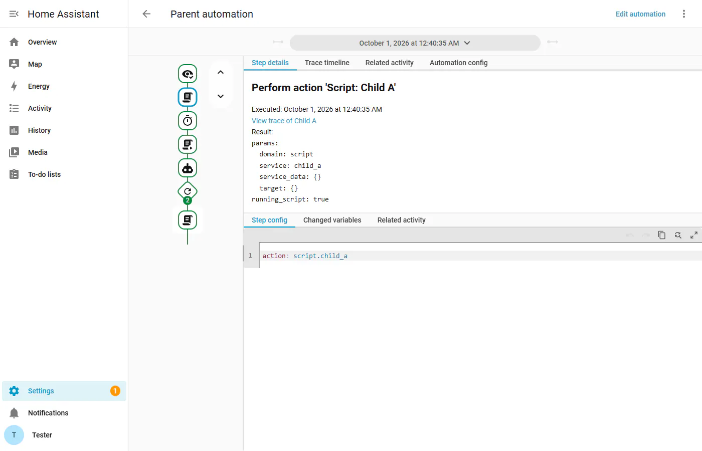 Automation step details show a View trace of Child A link beneath the execution time.
