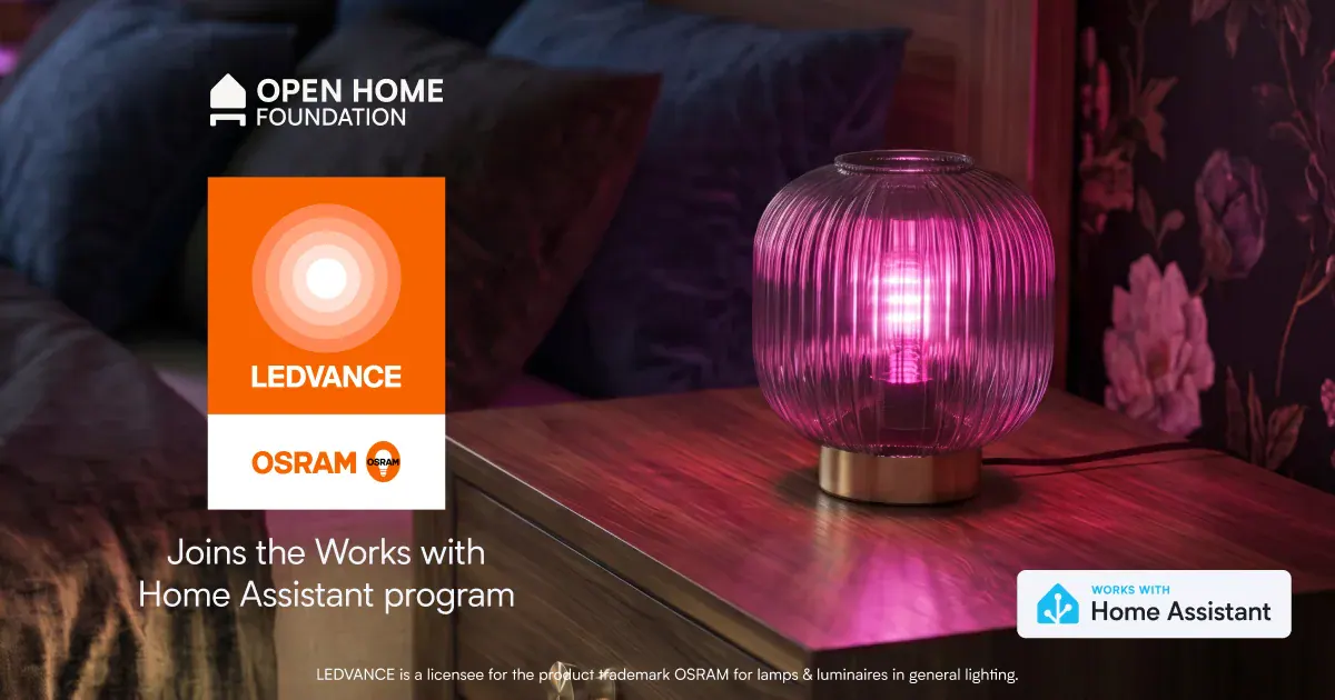 A magenta table lamp beside LEDVANCE, OSRAM and Works with Home Assistant logos.