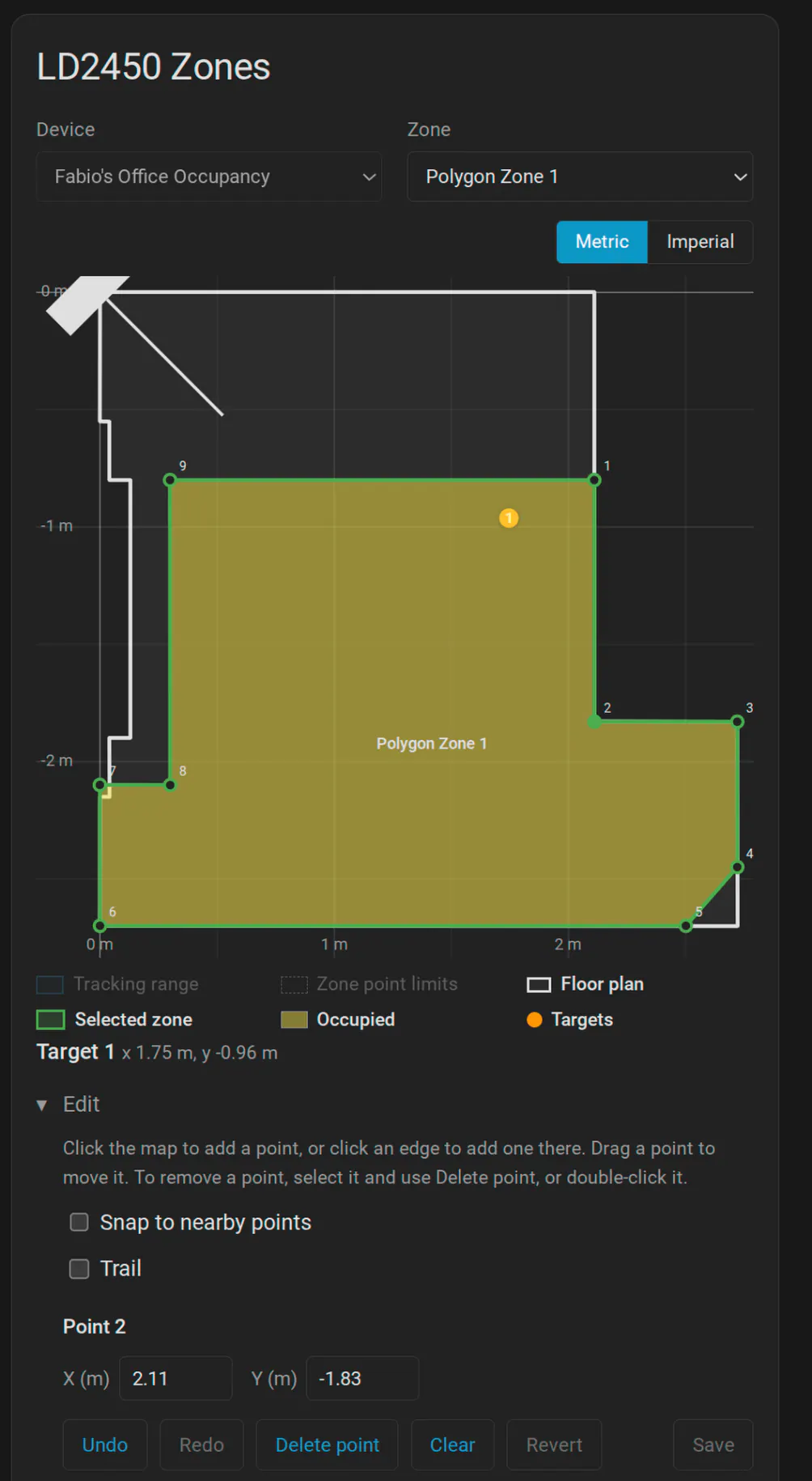 Polygon presence zones drawn in the author’s LD2450 Zones companion card.
