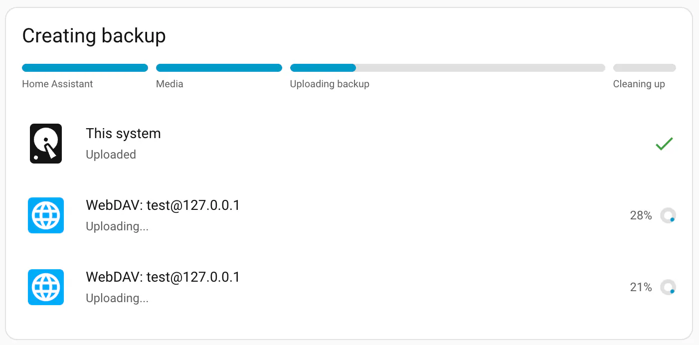 Home Assistant backup progress showing an upload percentage