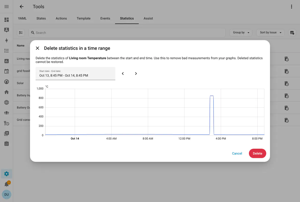 Home Assistant dialog for deleting statistics within a selected time range