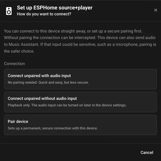 Music Assistant setup choices for a Sendspin device with an audio input