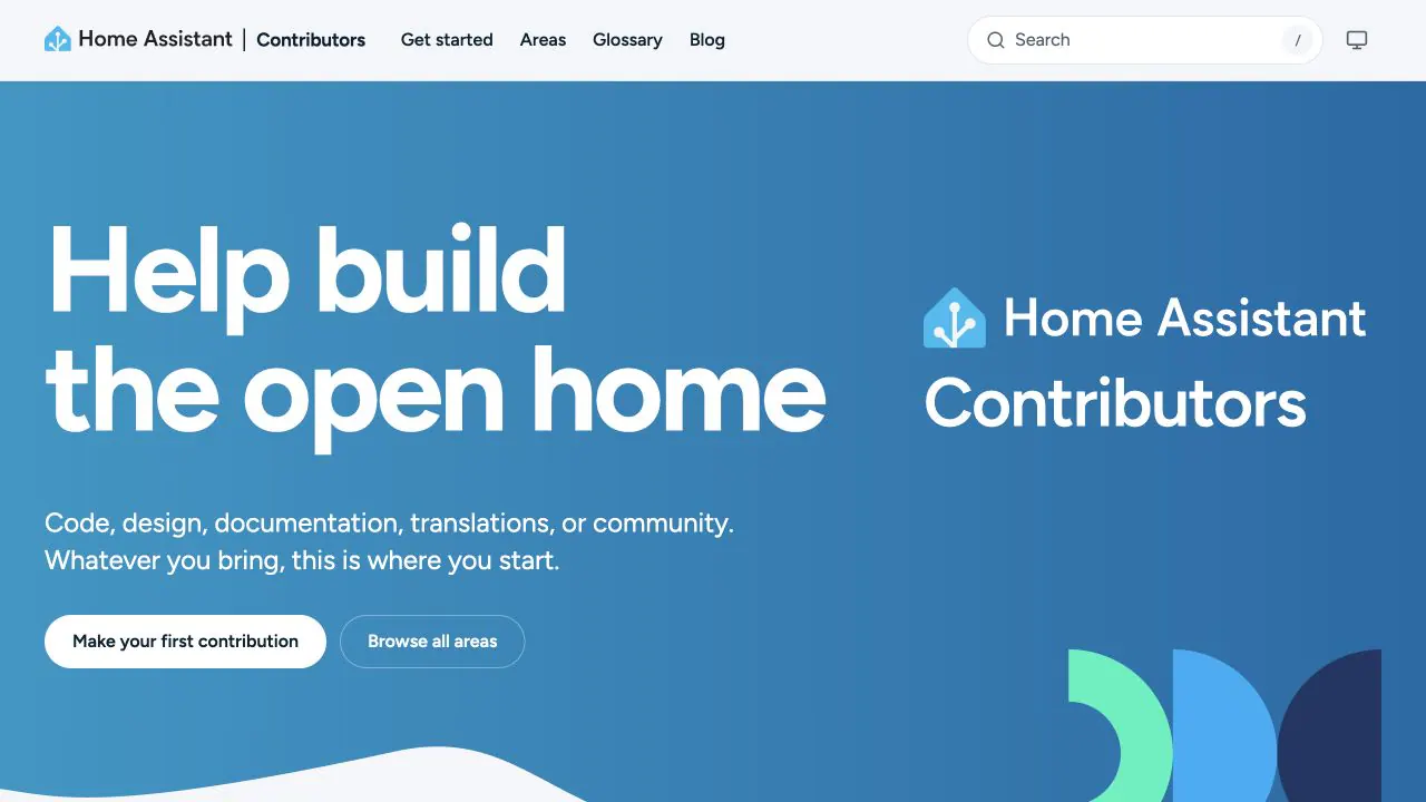 Home Assistant Contributors homepage with an invitation to help build the open home and make a first contribution