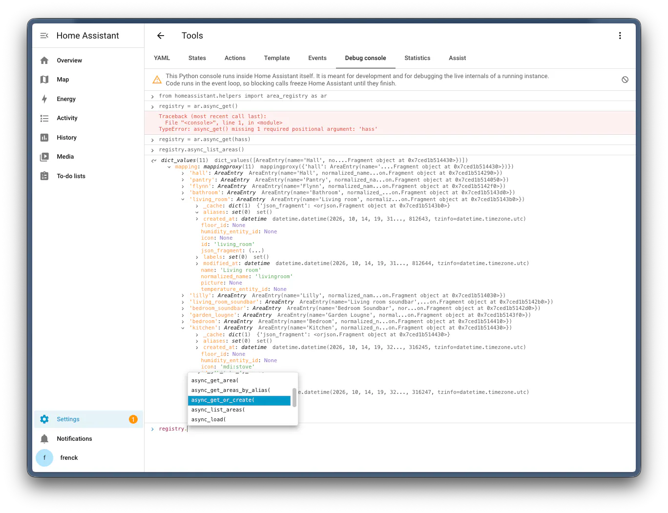 Home Assistant Debug console in the Tools panel
