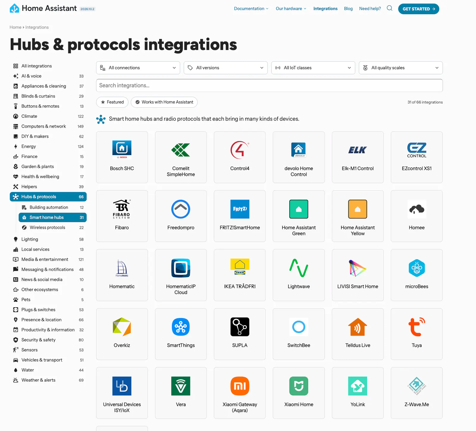 Home Assistant integration directory with category navigation and filters