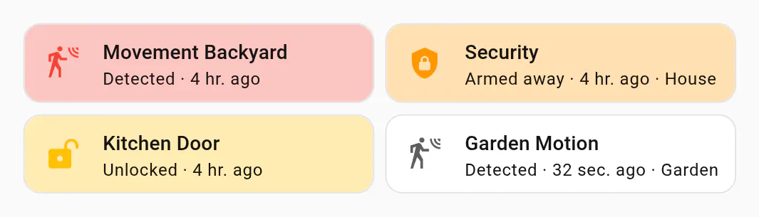 Four Home Assistant alert cards showing motion, security and door states with coloured or plain backgrounds.