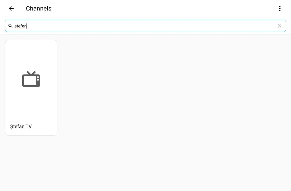 A mock channel folder in Home Assistant, filtered for “stefan” to show “Ștefan TV”.