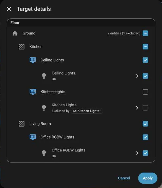 Target details with a device excluded from the selection