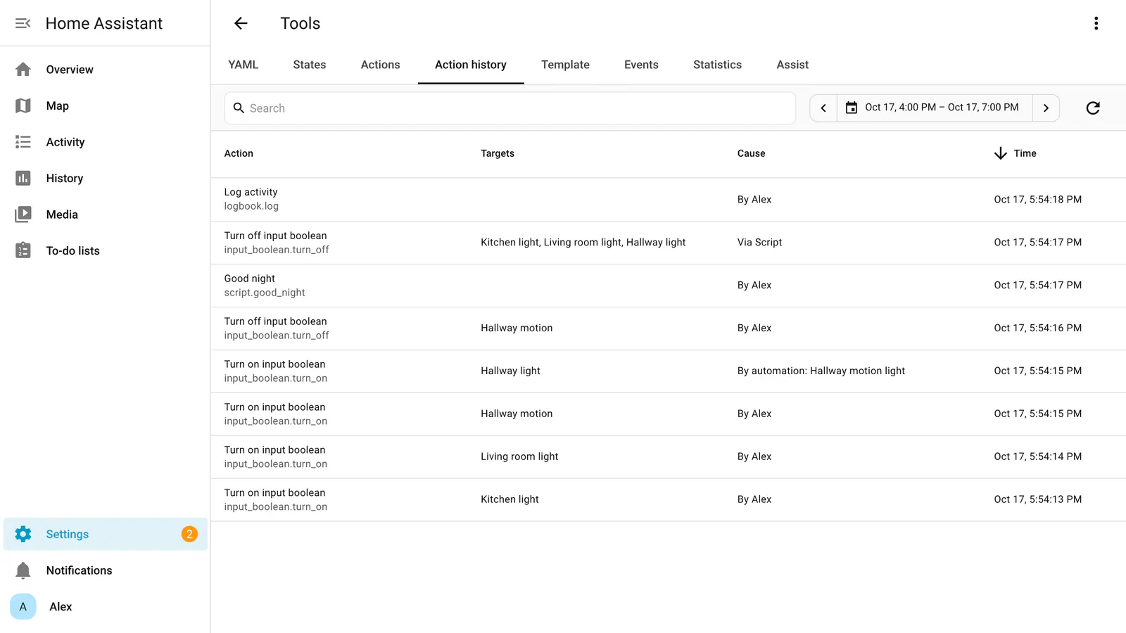 Home Assistant action-history page in the Tools panel