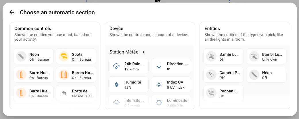 Home Assistant section picker showing automatic section previews