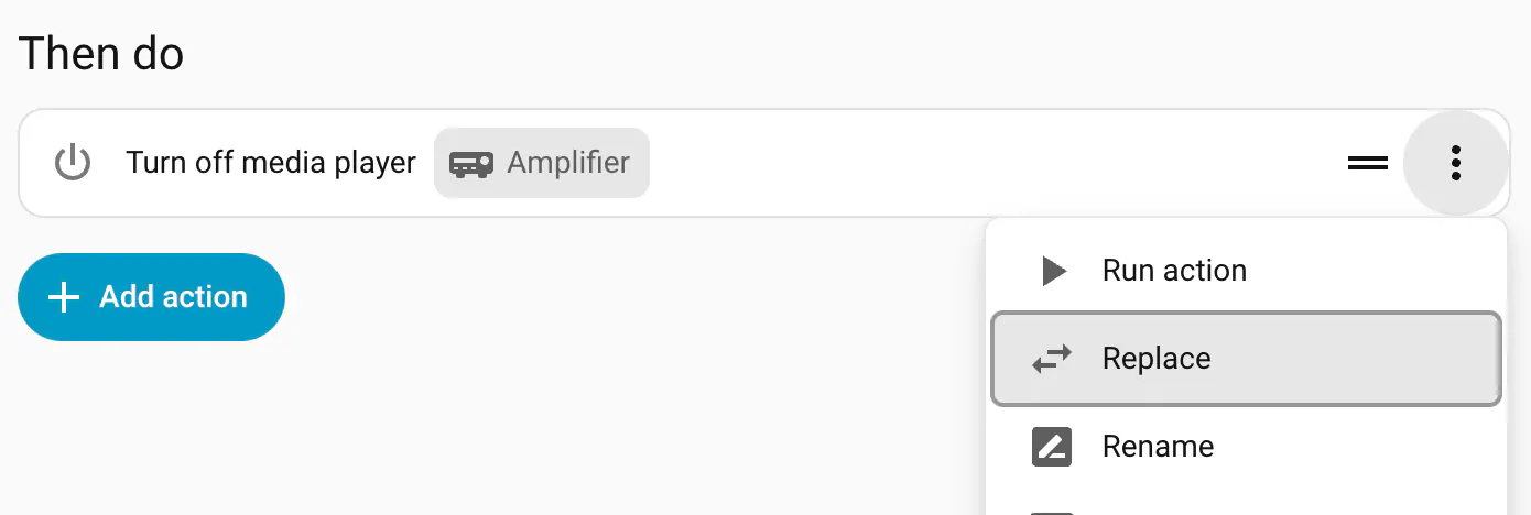An automation action menu with the Replace option highlighted.