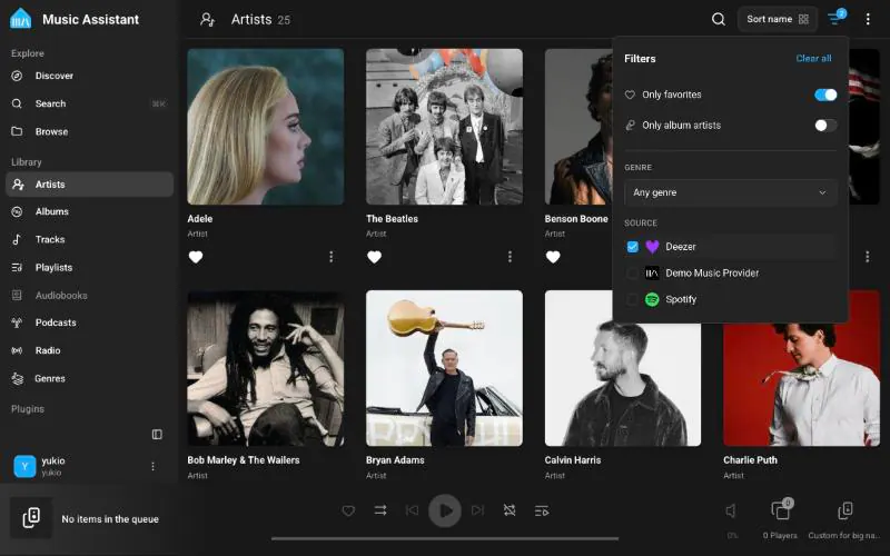 Music Assistant Artists library with the Filters panel open, favorites enabled and Deezer selected.